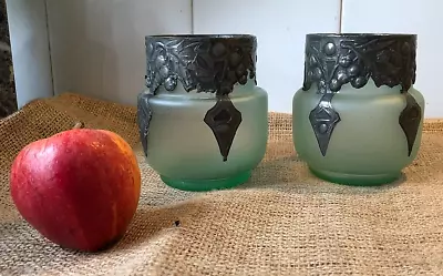 Buy Antique Arts & Crafts Green Satin Glass Pair Vases With Pewter Decor Rims 11 Cm • 65£