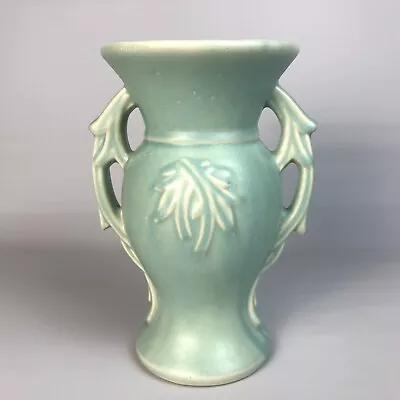 Buy Vintage 1940's McCoy Pottery Double Handle 9  Vase Leaf Design Blue-Green Glaze • 33.62£