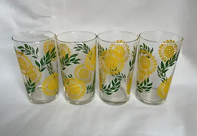Buy Retro Vintage Mid-Century Set Of 4 Floral Design Drinking Glasses 11.8 Cm 1970's • 14.99£
