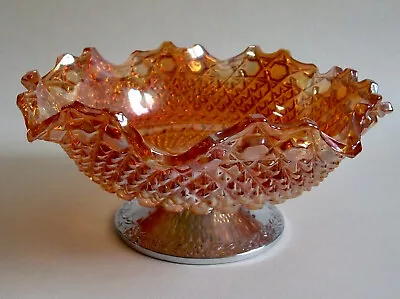 Buy Antique Orange Carnival Glass Hobnail Bowl On Chrome Pedestal Sowerby ? 24cm • 14.99£