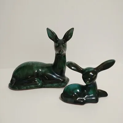 Buy Vtg Blue Mountain Doe & Fawn Deer Figures Green Blue Drip Glaze Pottery Canada • 61.64£