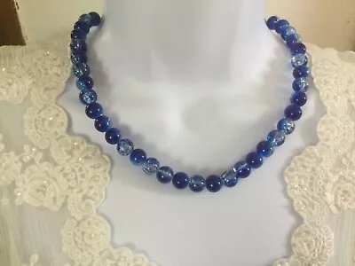 Buy Beautiful Blue Crackle Glass Bead Necklace • 4.99£