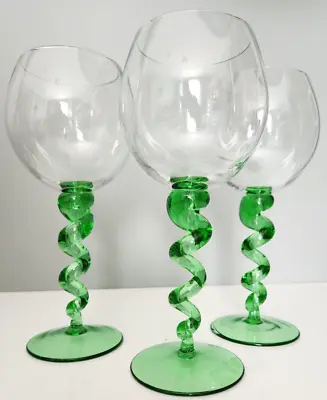Buy 3 Crystal Wine Glasses Blown Green Twisting Stems Vintage 9'' • 18.97£