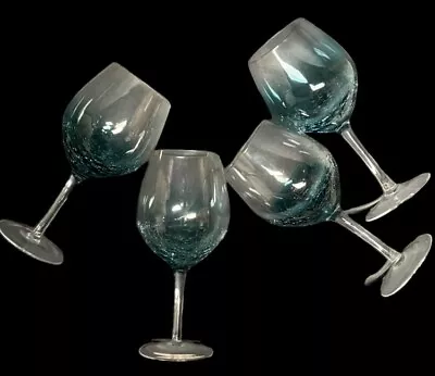 Buy Set Of 4 Pier 1 Teal/blue Crackle Glass Wine Glasses Sorry About Glare In Pics • 95.41£