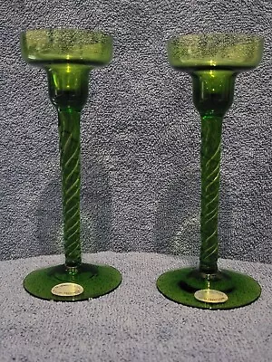 Buy  Vintage 70s Wedgwood Glass Helix  Green Candlesticks Stennett Wilson RSW601/2  • 40£