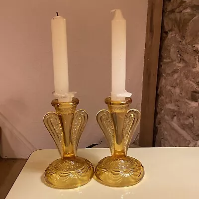 Buy 2x Vintage Pair Of Glass Art Deco Candlestick Candle Holders Antique Lamps Retro • 22£