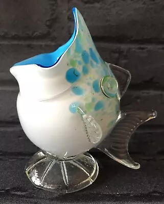 Buy Glass Vase Pot Bowl Blue White Wide Mouth Fish Art Quirky Kitsch 1970's Malta S. • 18.95£