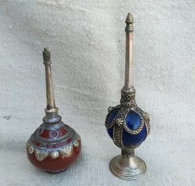 Buy Antique Moroccan A Pair Of Perfume Bottle..turquoise Glass & Pottery Brass   • 142.68£