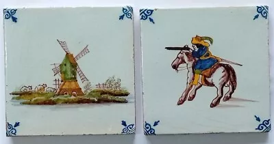 Buy Two Charming Antique Dutch Delft Tiles With Windmill /Sheep! Horseman • 24£