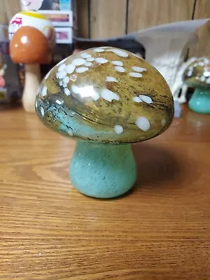 Buy Blown Glass Mushroom/ Toadstool Paperweight, Green, Gold, Coppery, Glittery 4” • 47.44£