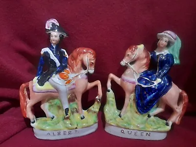 Buy Pair Antique Victorian Staffordshire Figures Queen Victoria Albert On Horse 24cm • 74.99£