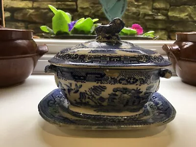 Buy Antique Blue & White Transfer Ware Willow Pattern Sauce Tureen & Under Plate • 29£