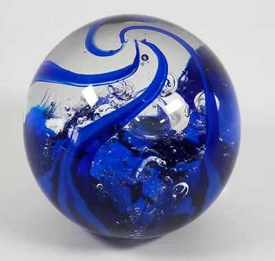 Buy  Vintage Langham Glass Blue Swirls Control Bubble Glass Paperweight With Label • 21.99£
