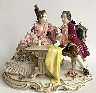 Buy Germany Volkstedt/Dresden~ANTIQUE Lg. LACE FIGURINE SERVING AFTERNOON WINE~C1920 • 720.55£