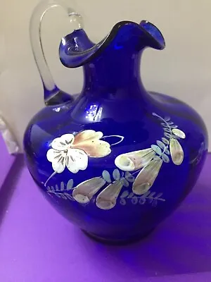 Buy Cobalt Blue Glass Jug Gilded & Enamel Pansy Trumpet Flowers,Czech? Bristol Glass • 10£