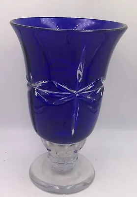 Buy Crystal Cobalt Blue Candle Holder Cut To Clear Hurricane 8.5” Tall 2 Piece • 26.45£