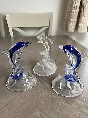Buy Lead Crystal Leaping Dolphins In Waves Figurines 2 Blue 1 Clear Cristal D’Arques • 13.50£