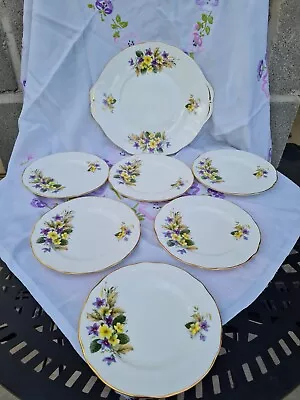 Buy Vintage Duchess Bone China Primroses Violets Large Plate & 6 Small Plate Set • 14.99£