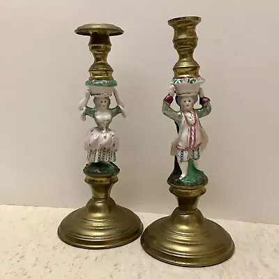 Buy Vintage Candlesticks Pair Brass Base Glass Colorful Victorian Man Woman Set • 34.52£