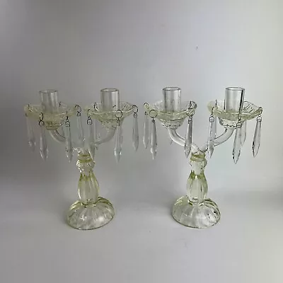Buy Vintage French Pair Of Clear Glass Candlesticks With Hanging Crystal Droplets • 35£