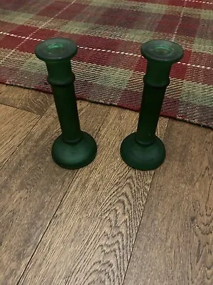 Buy 2 X  Vintage Green Frosted Glass Decorative Candlesticks / Candle Holders • 10£