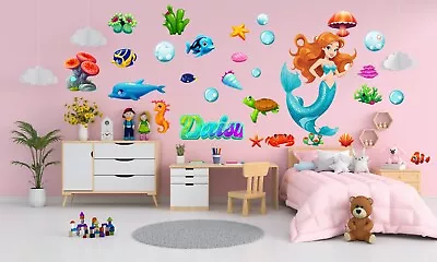 Buy 3D Mermaid Personalised Wall Stickers Set Nursery KidsGirl Room Wall Decals MS10 • 17.50£