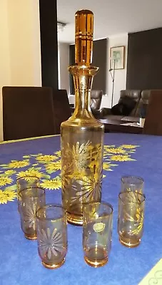 Buy Vintage Bohemian Amber Glass Decanter,6 Glasses Gold Trim Made In Czechoslovakia • 37.30£