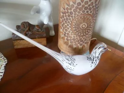 Buy Vintage Art Glass Wedgwood Speckled White Cased Glass Long Tailed Bird 10.5 Inch • 44.75£