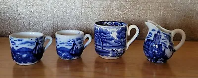 Buy Antique Miniature Blue & White Wood Ware 3 Tea Cups & Jug • 8.95£