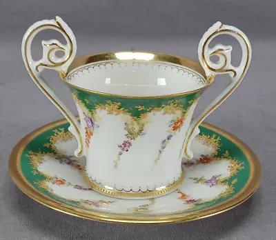 Buy T&V Limoges Hand Painted Floral Green & Raised Gold Chocolate Cup & Saucer B • 144.57£