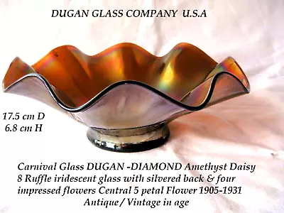 Buy Vintage DUGAN / Diamond Daisy Amethyst Carnival Glass Daisy Ruffled Bowl • 9.99£