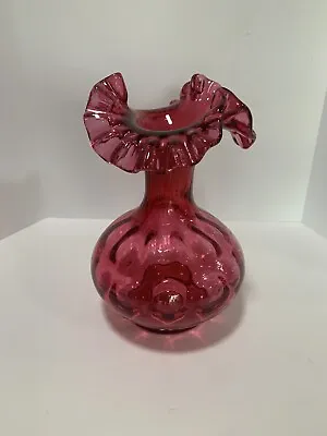 Buy Vintage FENTON CRANBERRY RUFFLE TOP VASE Coin Dot Pattern Crimped Glass 8  Tall • 28.88£