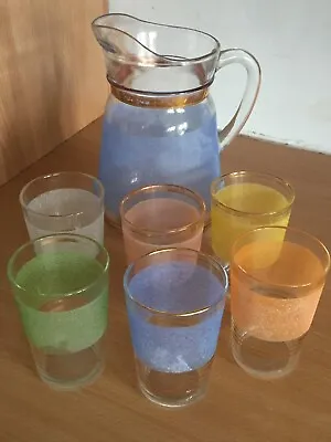 Buy Vintage Sugar Striped Frosted Jug And 6 Glasses Coloured 1950's Style Free P&P • 39.99£