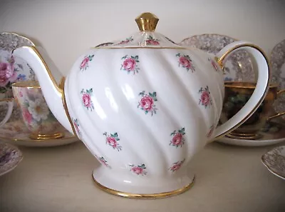 Buy Vintage Sadler Swirl Teapot 1593 Pink Roses Floral 22kt Gold Trim Full Size  • 24.95£