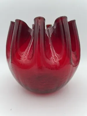 Buy Vintage MCM Ruby Red Crackle Crimped Hand Blown Glass Rose Bowl 5” • 23.98£