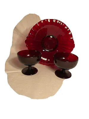 Buy Vintage Ruby Red Glassware 3 Pieces , 2-Footed Cups And 1 Fluted Dish • 13£