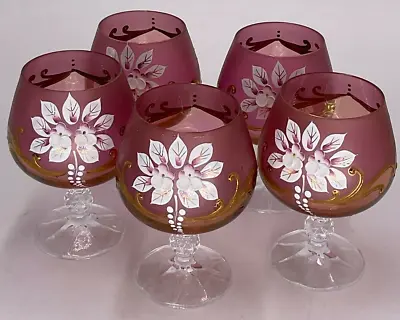 Buy Vintage Moser Bohemian Hand-Painted Rose-Colored Crystal Goblets-Set Of 5 • 62.38£