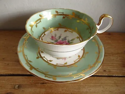 Buy Aynsley Bone China Vintage Cabinet Tea Cup & Saucer Pastel Green Cabbage Rose • 60£