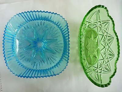 Buy Vintage Retro Art Deco Sowerby Pressed Glass Bowls: Blue Square, Green Oval Boat • 19£