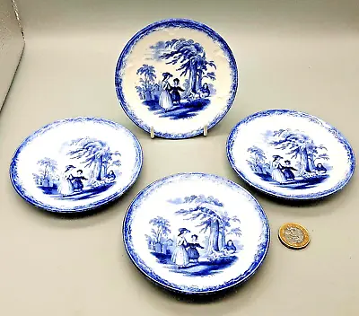 Buy 4 Antique English Pottery Staffordshire Blue & White Saucers - Humphrey's Clock • 9.99£