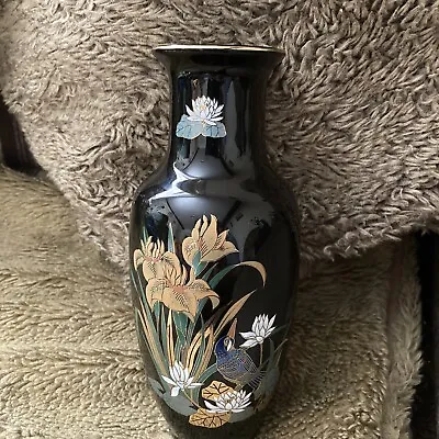 Buy Black Glossy Japanese Marked Hand Painted Gilt Edged Vase • 9£