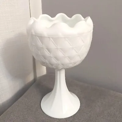 Buy Vtg Milk Glass Pedestal Rose Bowl Vase 8.5 In Quilted Diamonds Ruffle Indiana • 15.49£