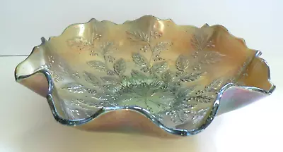 Buy Antique Fenton Green Carnival Glass Holly & Berry 9 Ruffled Bowl Early 1900 • 24.99£