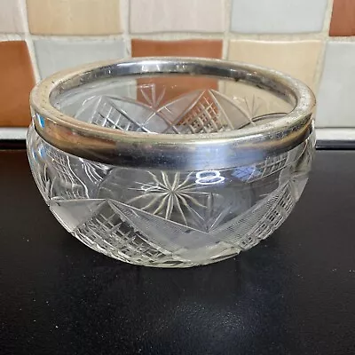 Buy Vintage Cut Glass Crystal Bowl With Silver-Plated Rim - Trifle, Fruit, Etc • 8.50£