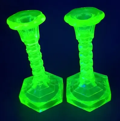 Buy Art Deco Walther Sohne Green Uranium  Glass Candlestick Holders Pair VGC Mary • 65£