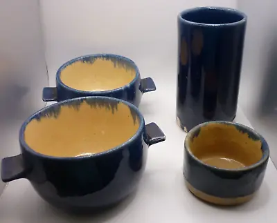 Buy Studio Art Pottery Primitive Style Deep Blue Drip Crazed Bowls/Tumbler - Signed • 13.23£