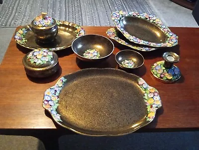 Buy Vintage Plant Tuscan  China Tray Black And Gold With Multicolored Flowers • 25£