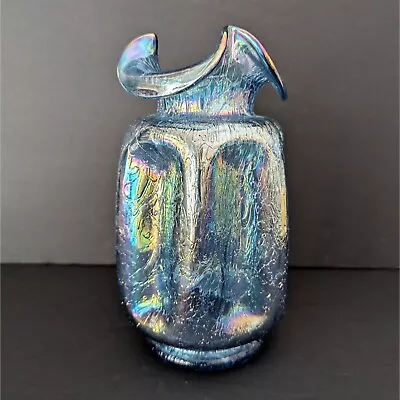 Buy Rare Fenton Art Glass Twilight Blue Iridescent Carnival Crackle Ruffle Vase Vtg • 142.89£