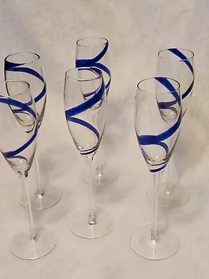 Buy Pier 1 Swirline Blue Fluted Champagne Glasses 8 7/8  8oz Cobalt Hand Blown Set 6 • 66.72£