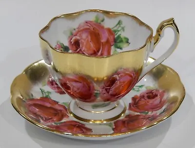Buy Rare Queen Anne PINK CABBAGE ROSE FLORAL BOUQUET CUP & SAUCER Heavy Gold Gilding • 261.39£